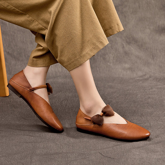 Almond Toe Bow Leather Ballet Flats