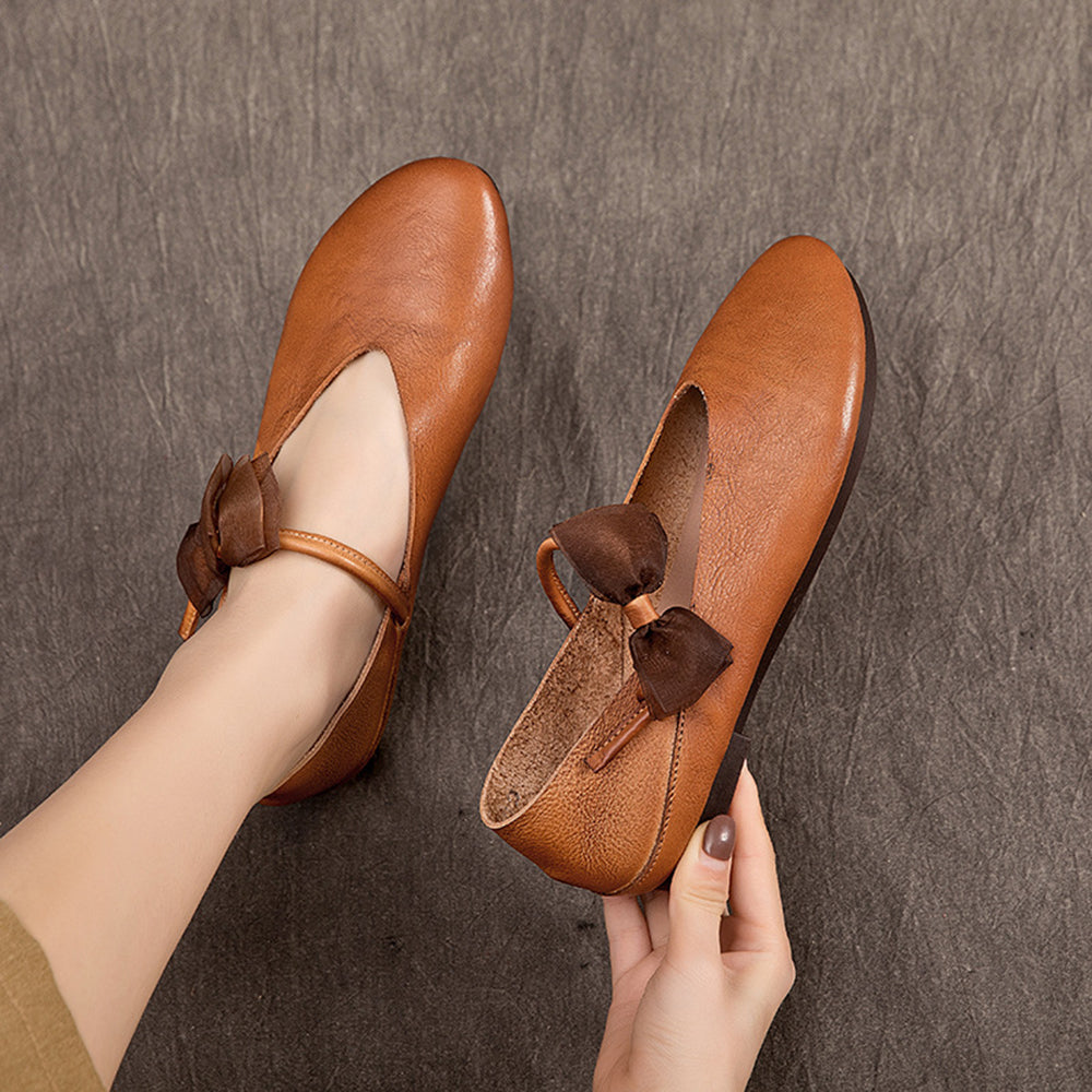 Almond Toe Bow Leather Ballet Flats