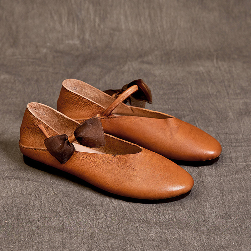 Almond Toe Bow Leather Ballet Flats