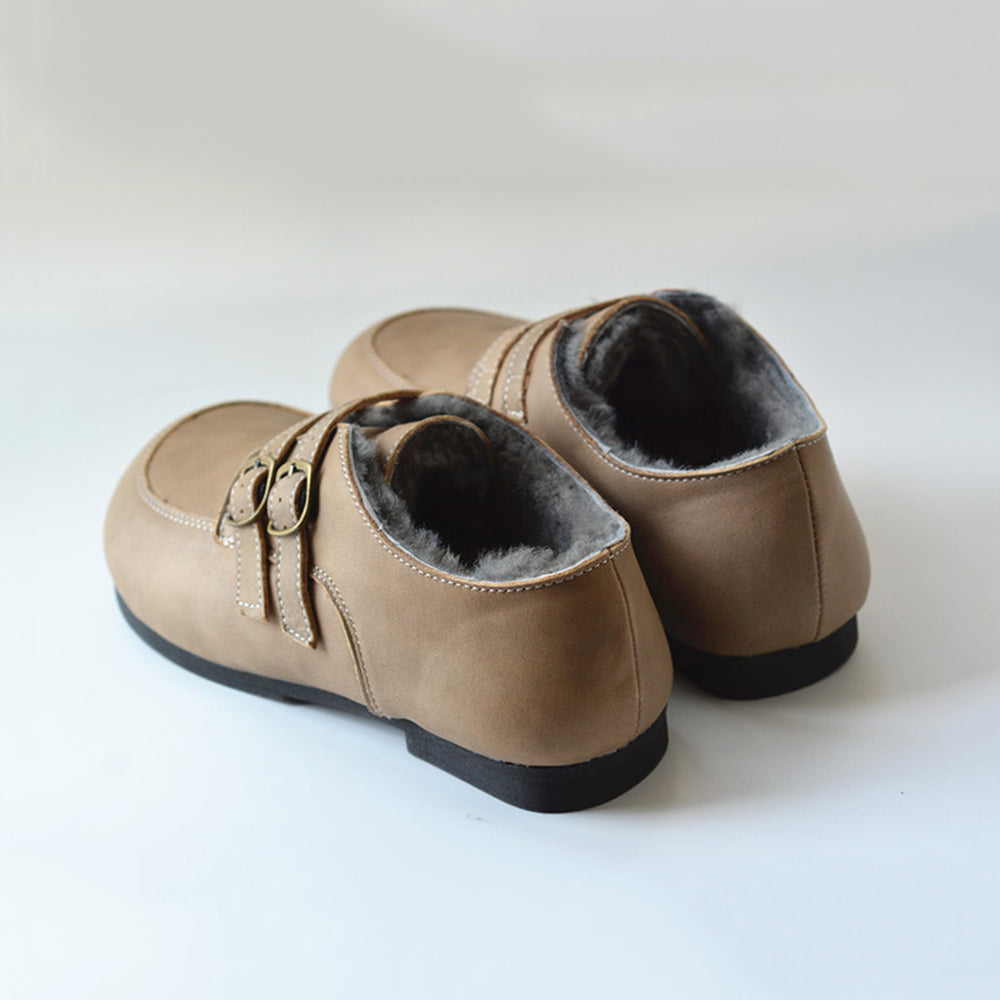 British Style Buckle Design Fleece Wide Toe Leather Shoes