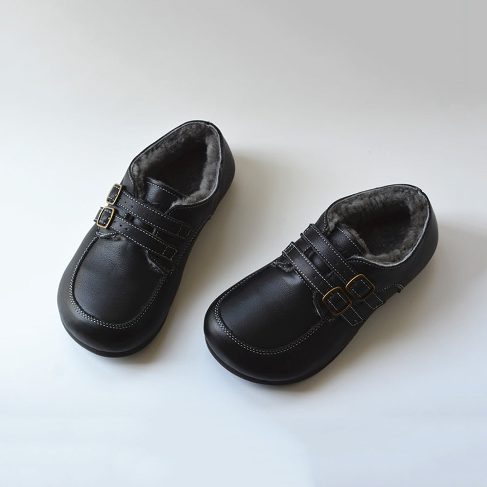 British Style Buckle Design Fleece Wide Toe Leather Shoes