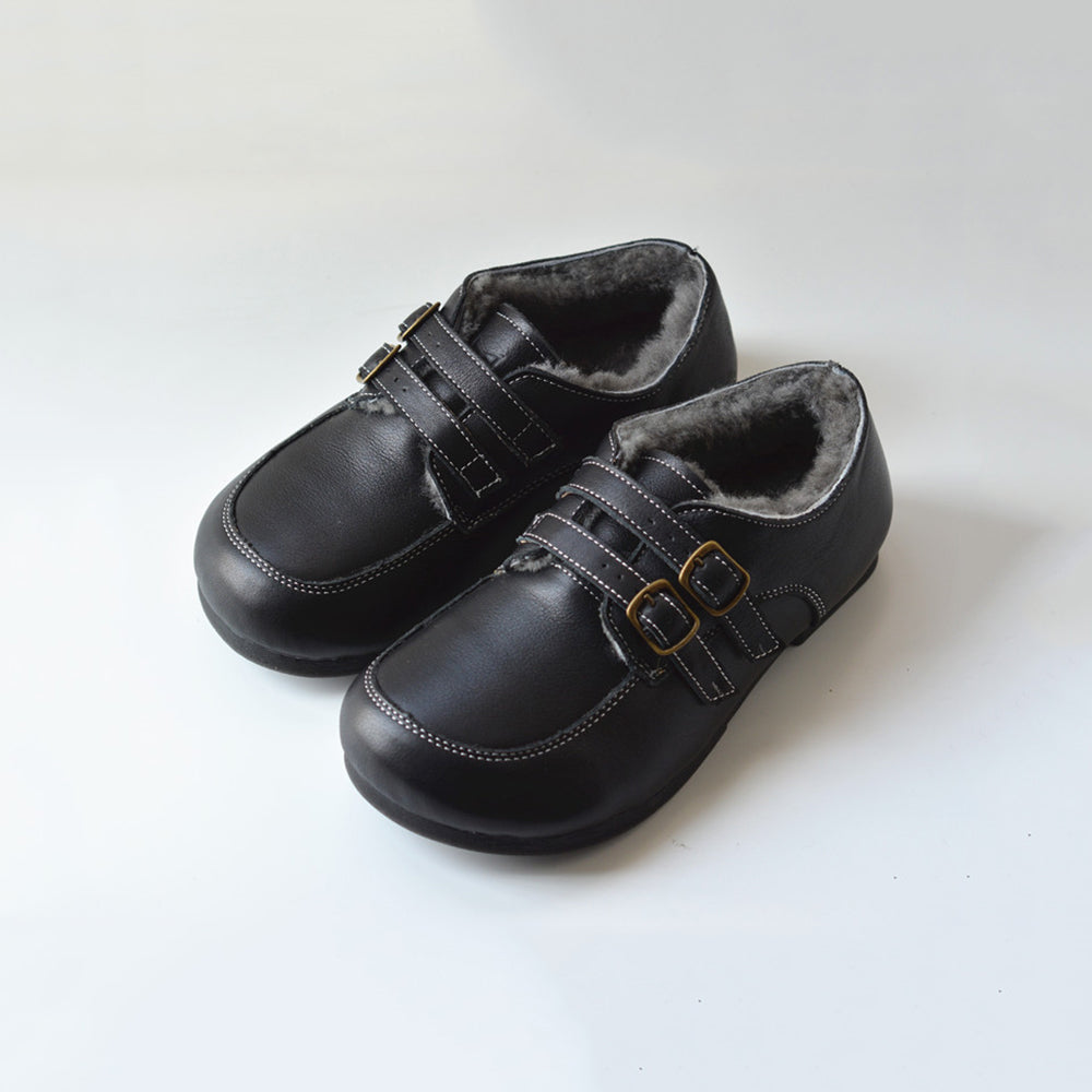 British Style Buckle Design Fleece Wide Toe Leather Shoes