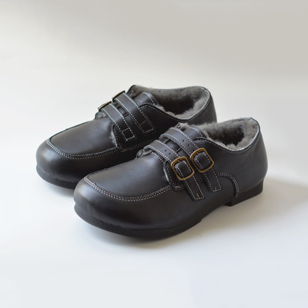 British Style Buckle Design Fleece Wide Toe Leather Shoes