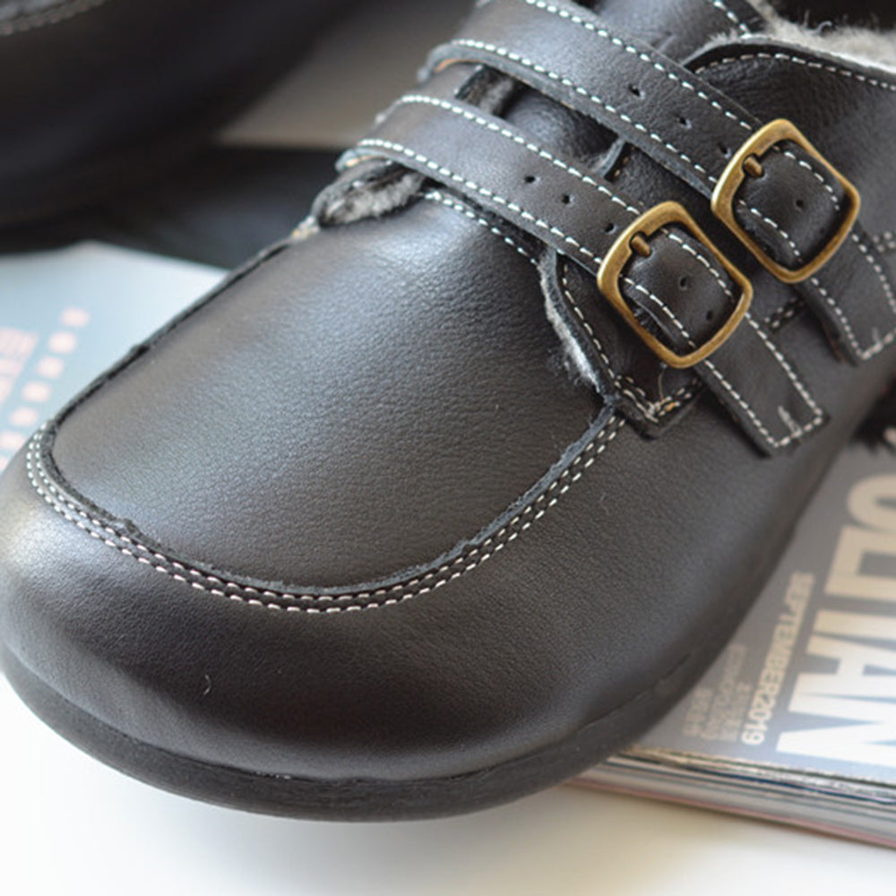 British Style Buckle Design Fleece Wide Toe Leather Shoes