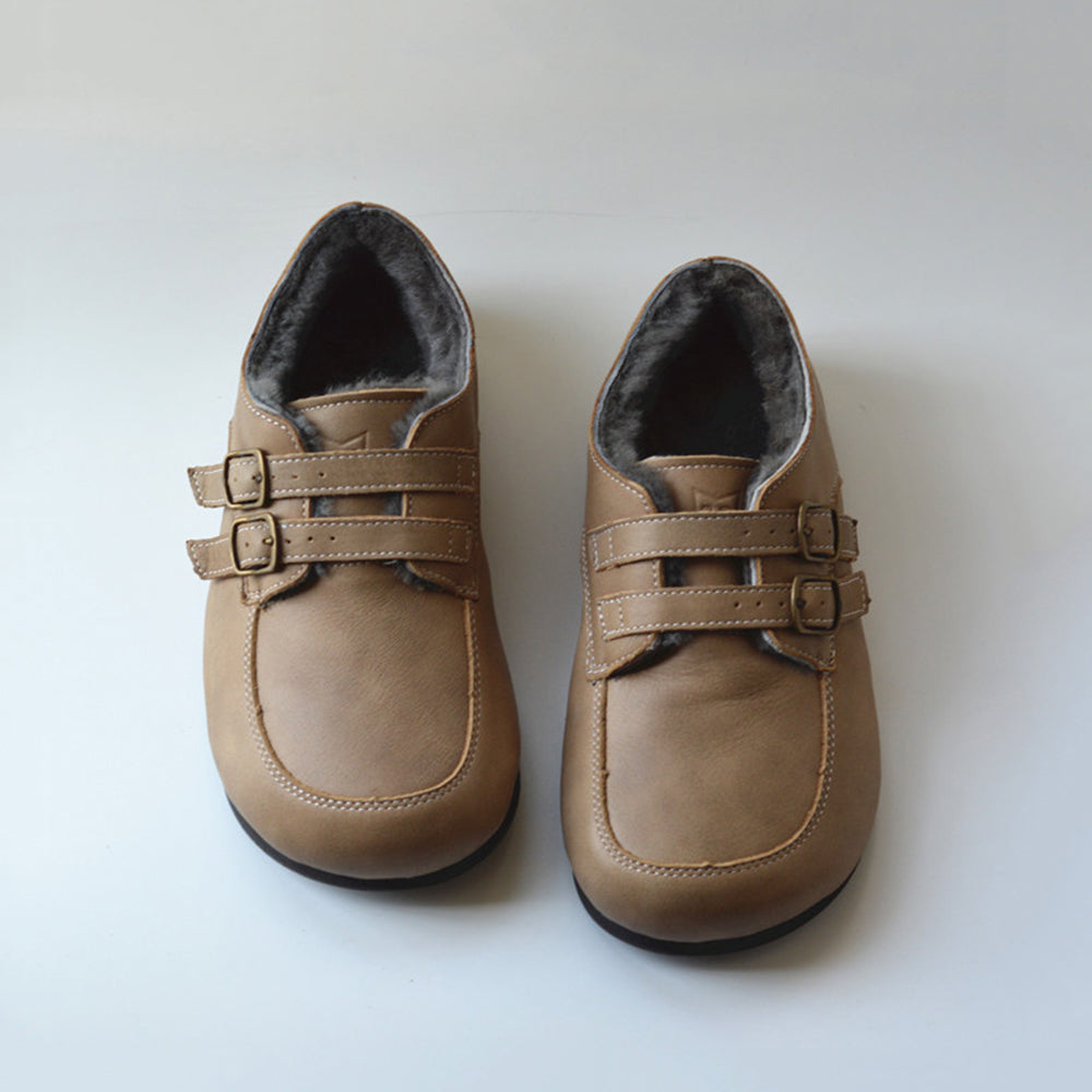 British Style Buckle Design Fleece Wide Toe Leather Shoes