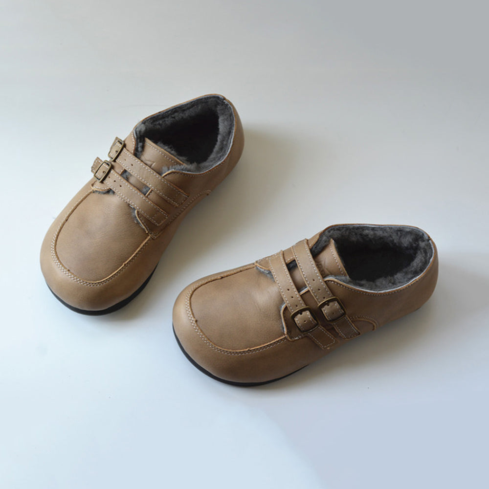 British Style Buckle Design Fleece Wide Toe Leather Shoes
