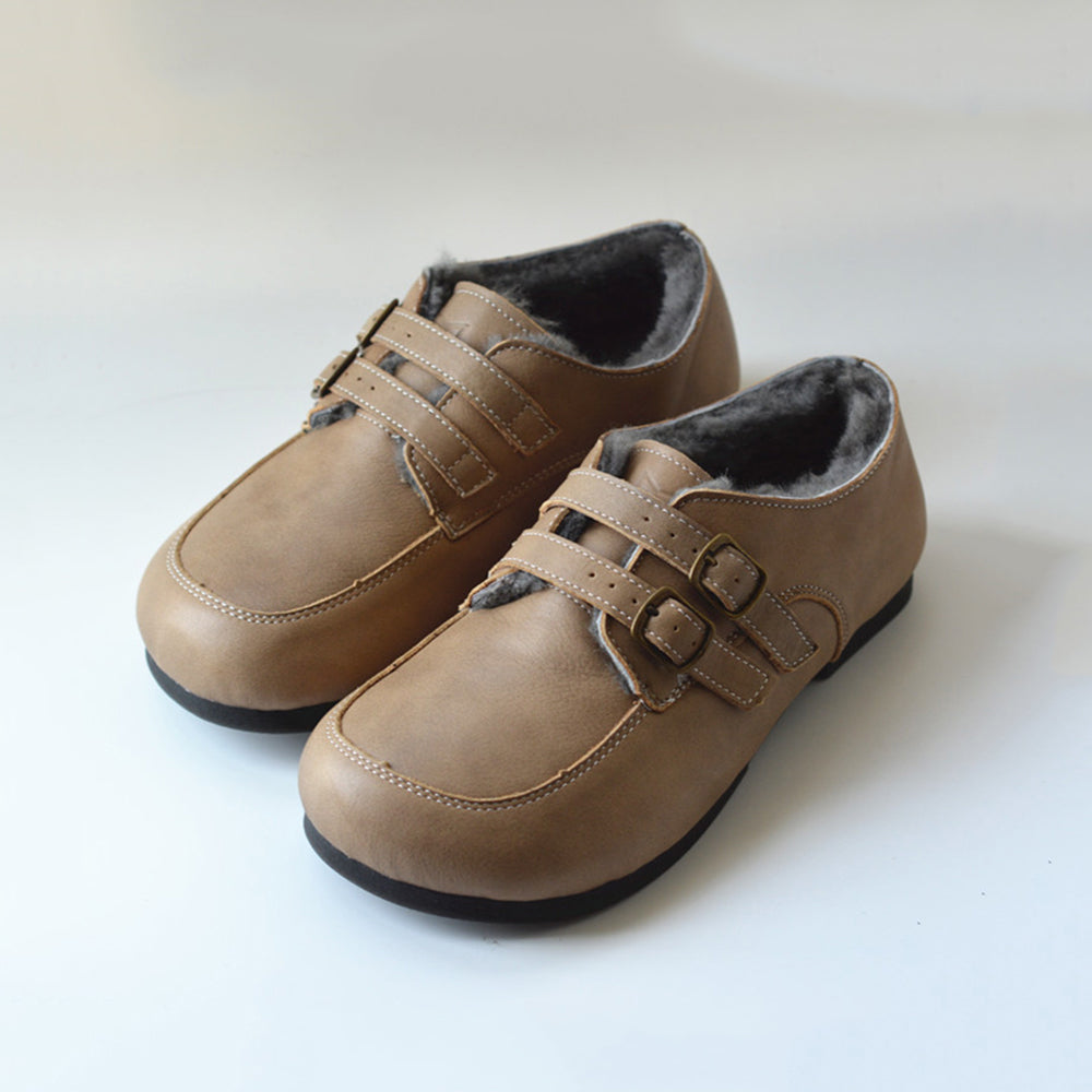 British Style Buckle Design Fleece Wide Toe Leather Shoes