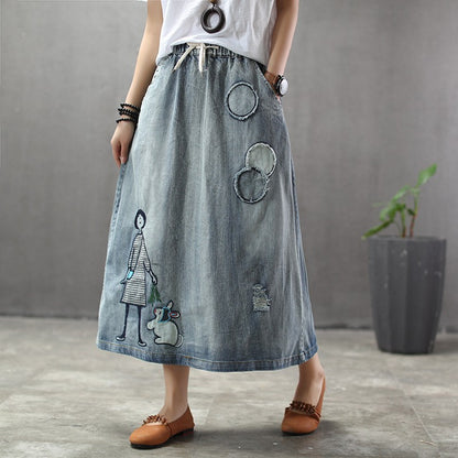 Cartoon Embroidered Denim A-line Skirt