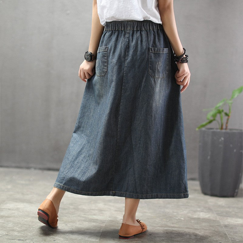 Cartoon Embroidered Denim A-line Skirt