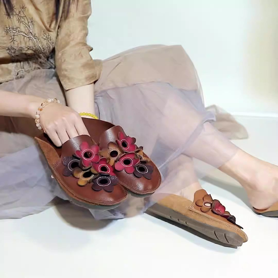 Chic Comfy Flats Leather Slippers With Flower Accents