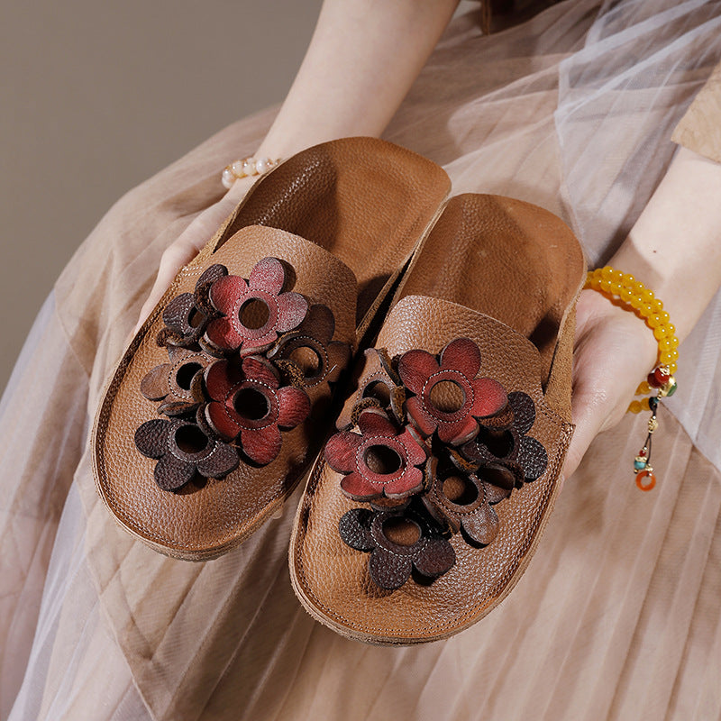 Chic Comfy Flats Leather Slippers With Flower Accents