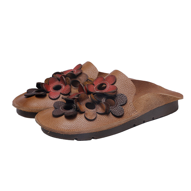 Chic Comfy Flats Leather Slippers With Flower Accents