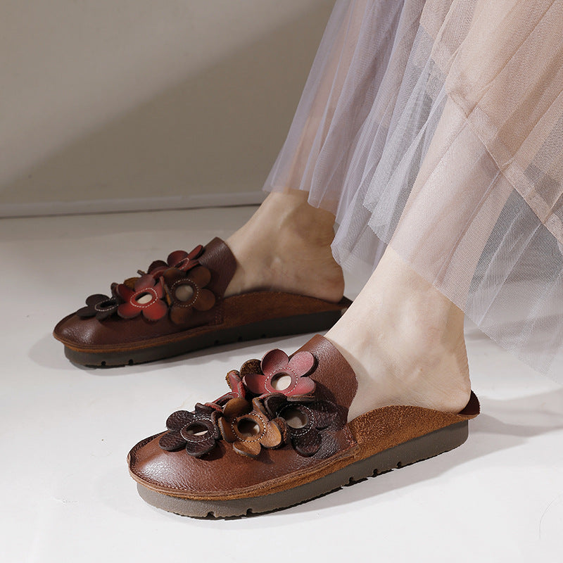 Chic Comfy Flats Leather Slippers With Flower Accents