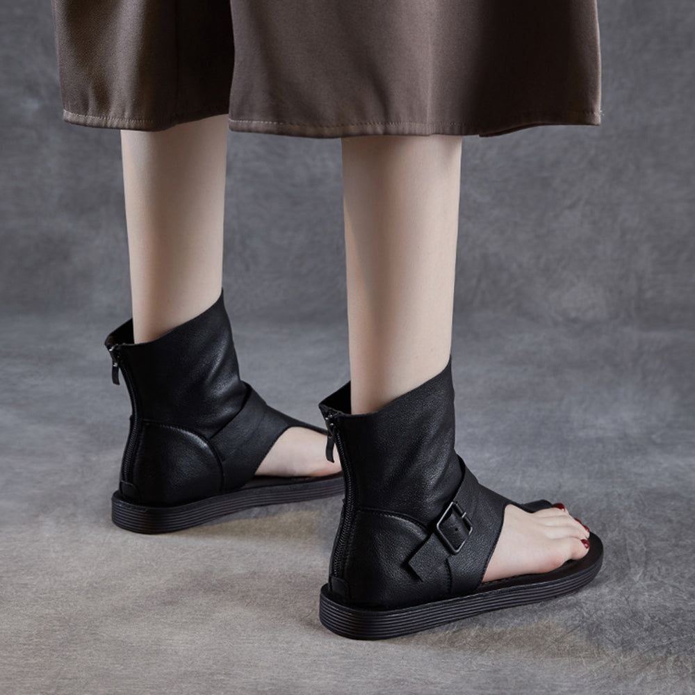Clip-Toe Flat Sandals Boots With Rear Zippers