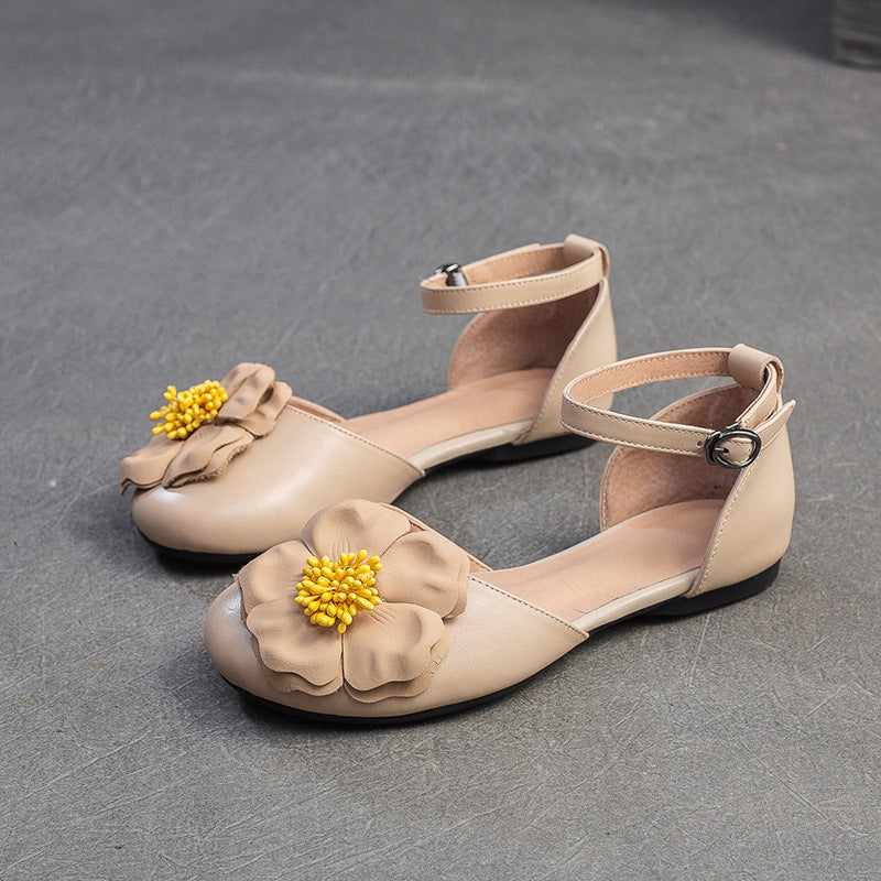 Closed-toe Flower Accents Ankle Straps Leather Sandals