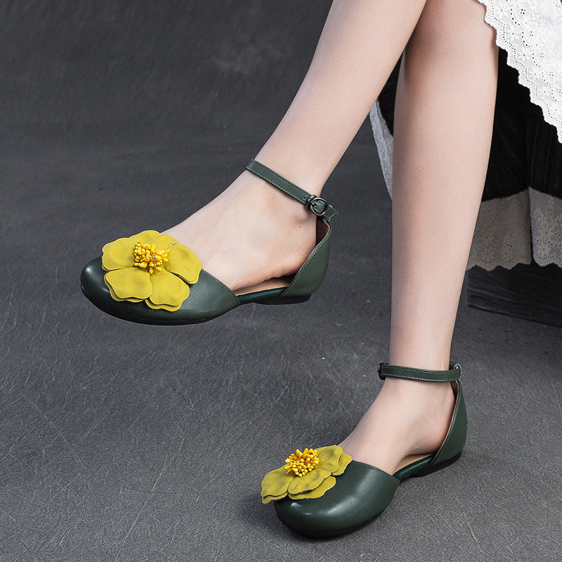 Closed-toe Flower Accents Ankle Straps Leather Sandals