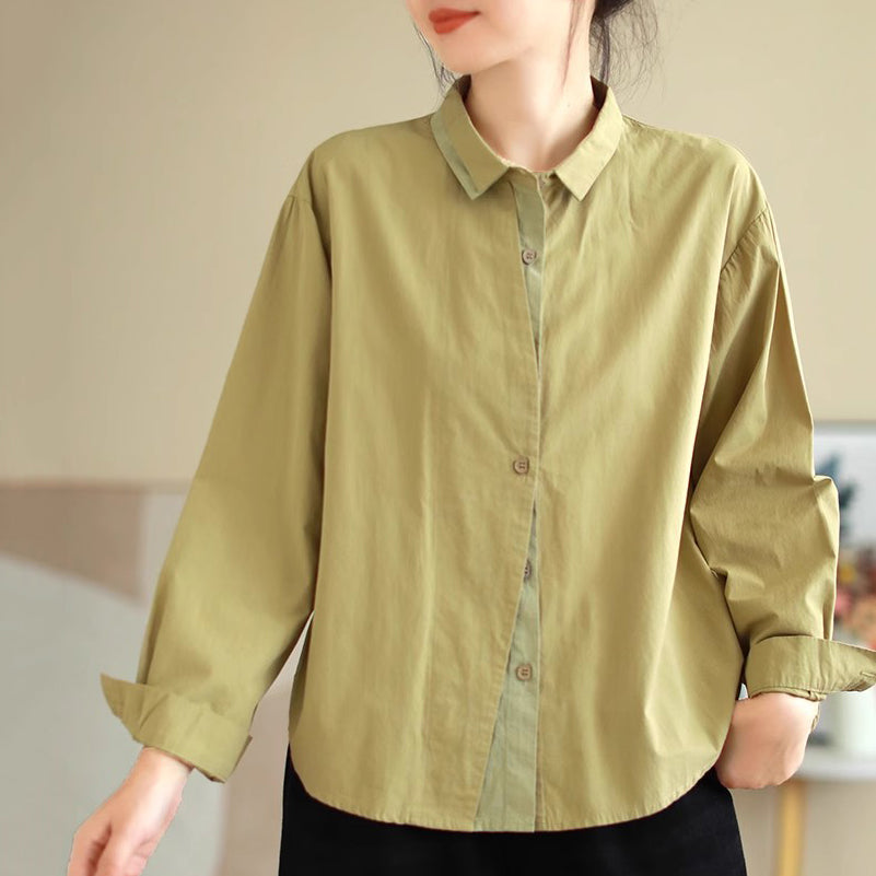 Cotton Splicing Lapel Versatile Loose Fit Shirt For Women