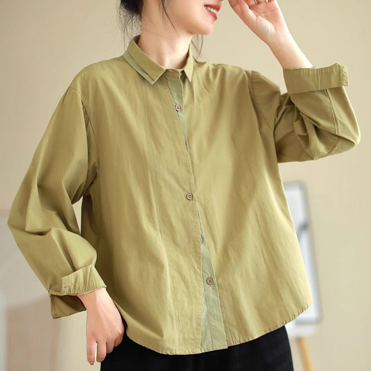 Cotton Splicing Lapel Versatile Loose Fit Shirt For Women