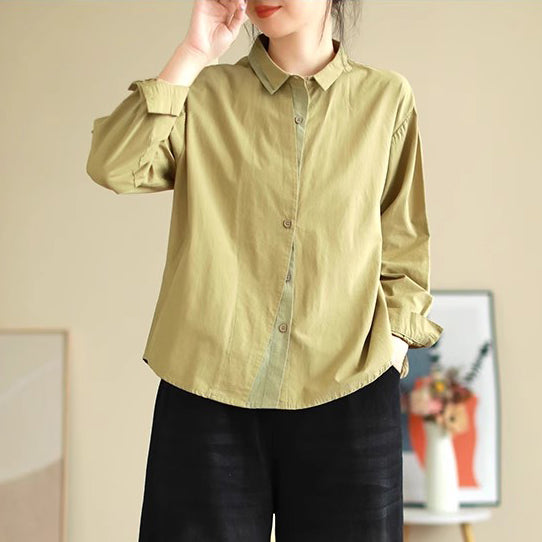 Cotton Splicing Lapel Versatile Loose Fit Shirt For Women