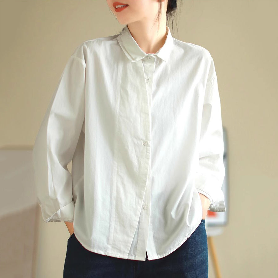 Cotton Splicing Lapel Versatile Loose Fit Shirt For Women