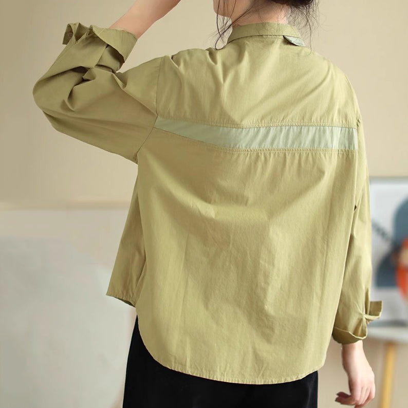 Cotton Splicing Lapel Versatile Loose Fit Shirt For Women