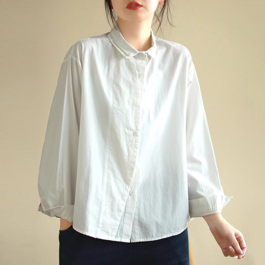 Cotton Splicing Lapel Versatile Loose Fit Shirt For Women