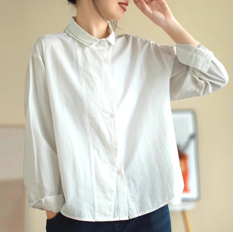 Cotton Splicing Lapel Versatile Loose Fit Shirt For Women