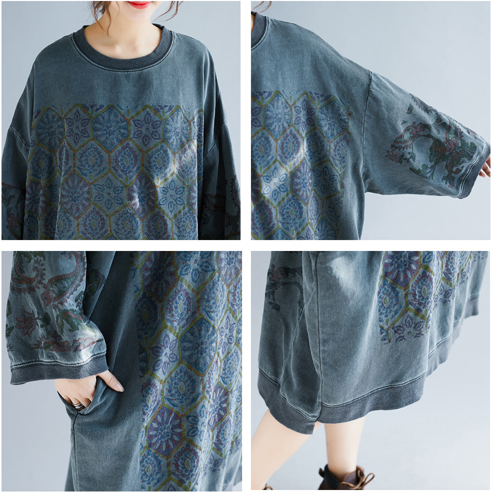 Crew Neck Ethnic Style High-Low Loose Fit Dress