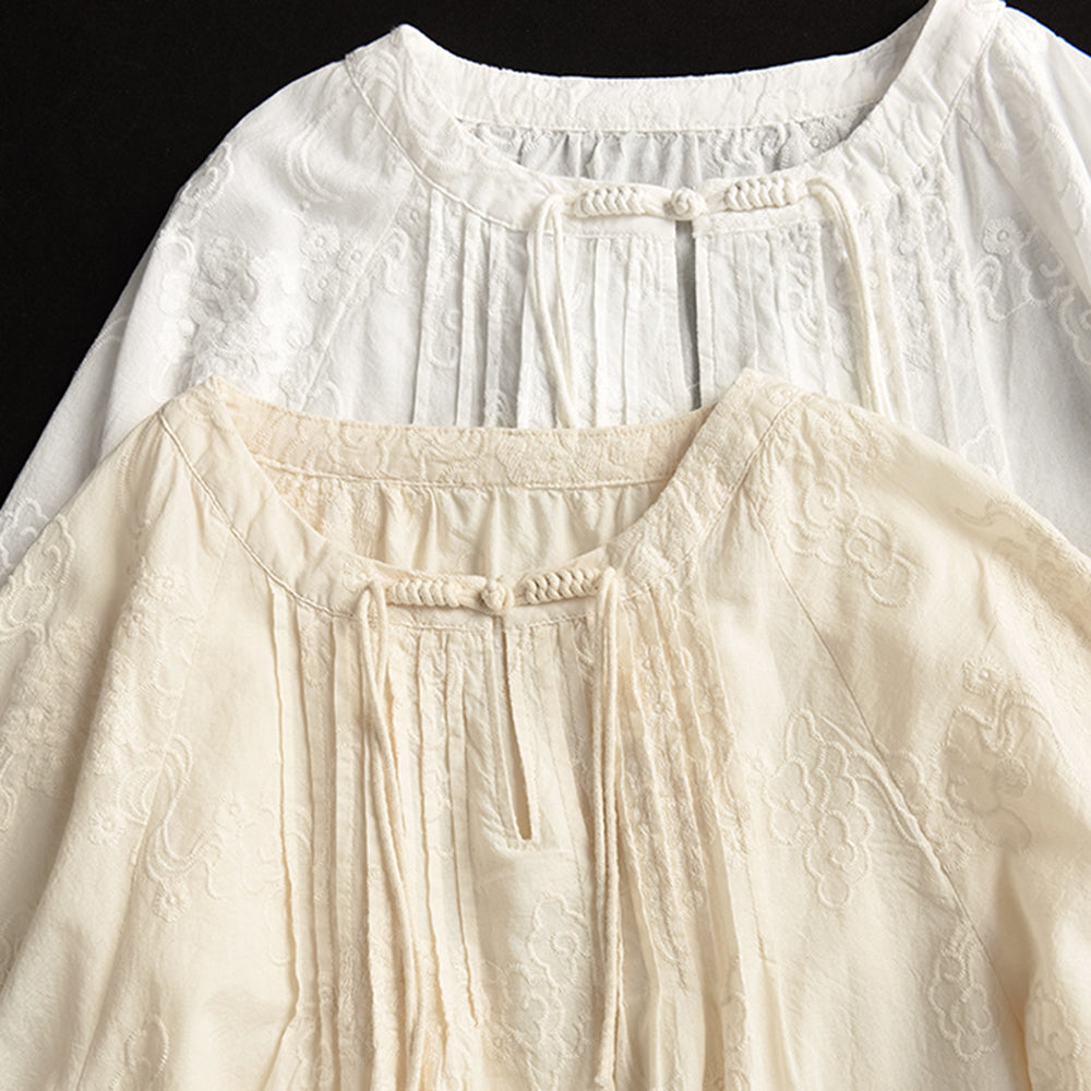 Embroidered Pleated Cotton Shirt