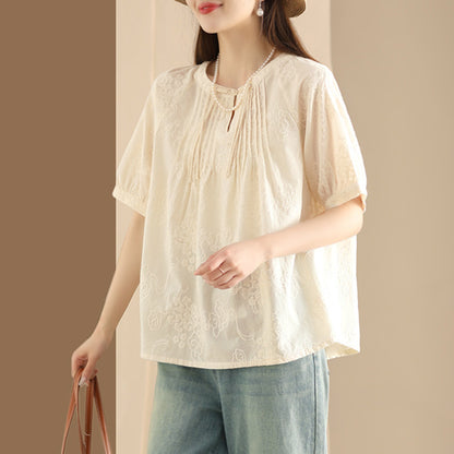 Embroidered Pleated Cotton Shirt