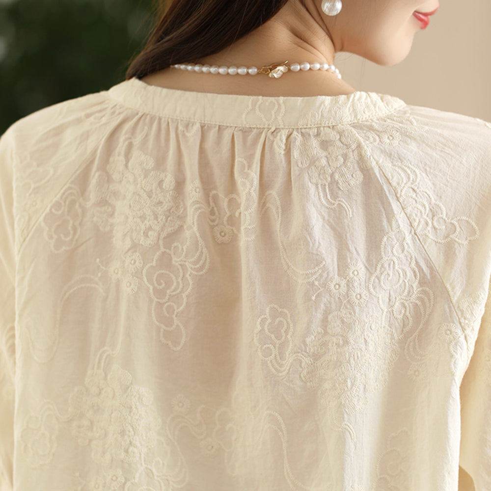 Embroidered Pleated Cotton Shirt