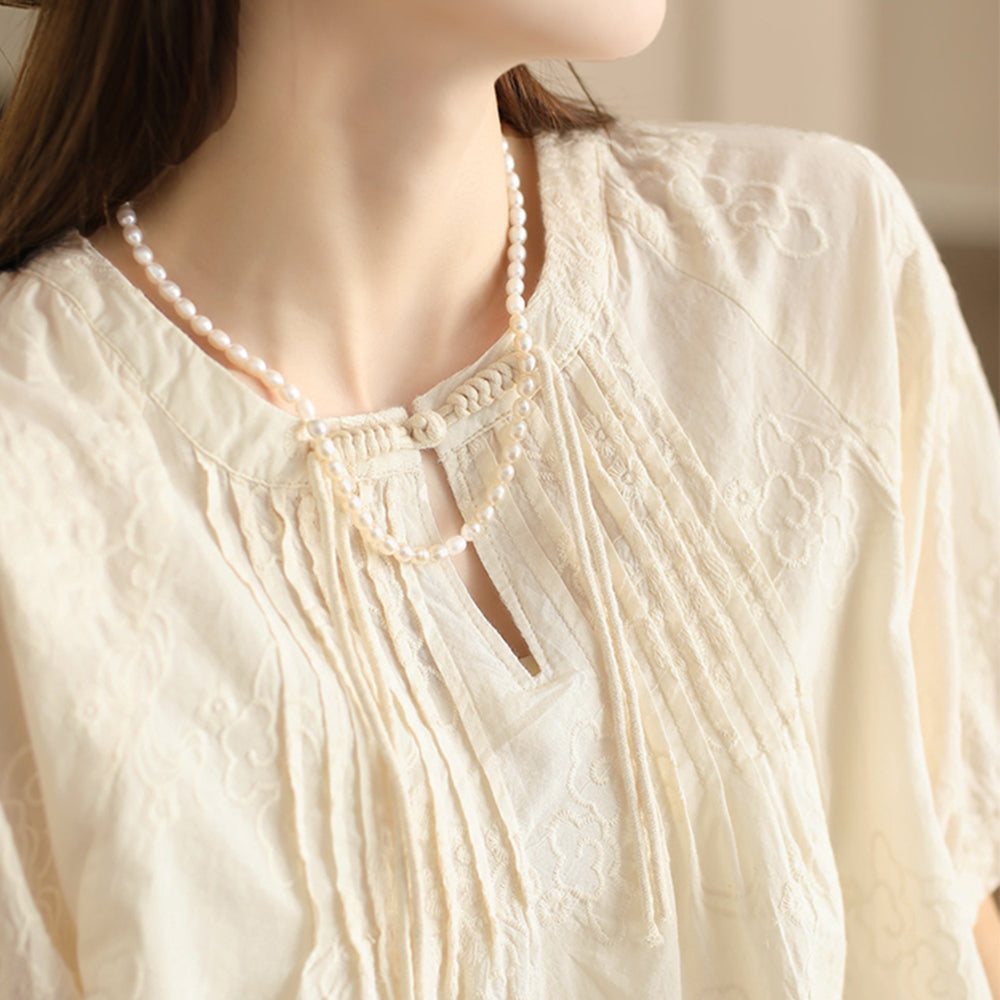 Embroidered Pleated Cotton Shirt