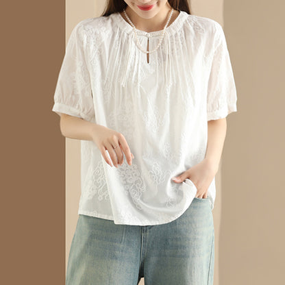 Embroidered Pleated Cotton Shirt