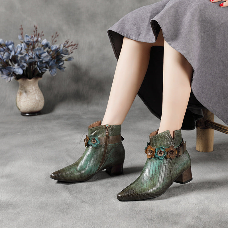 Ethnic Style Chunky Heels Flower Applique Pointed Toe Boots