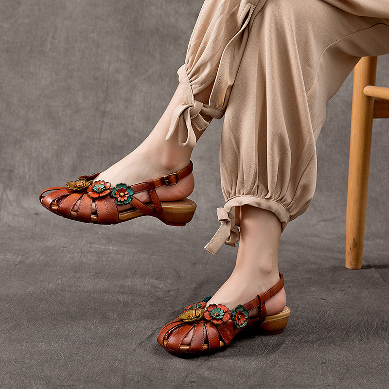 Flower Accents Ethnic Style Versatile Leather Sandals