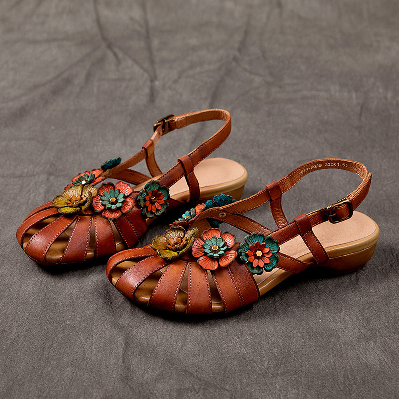 Flower Accents Ethnic Style Versatile Leather Sandals