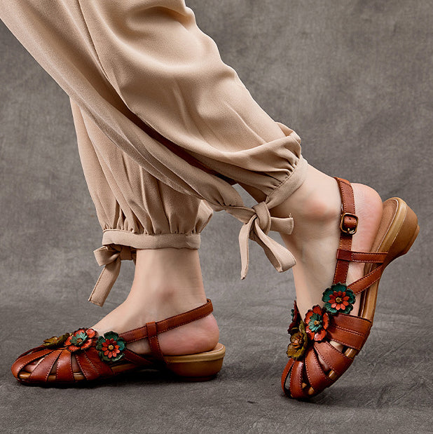 Flower Accents Ethnic Style Versatile Leather Sandals