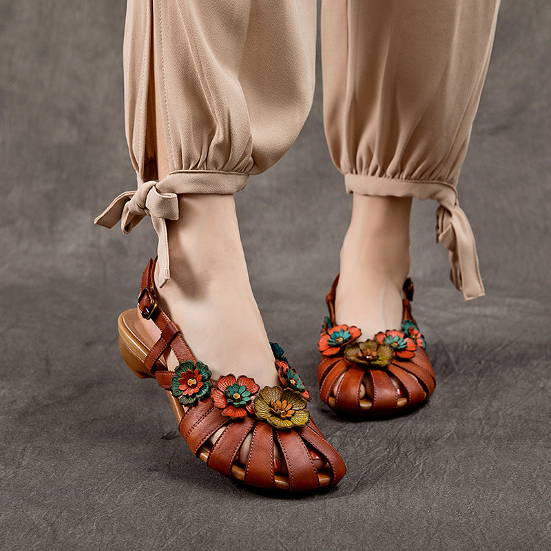 Flower Accents Ethnic Style Versatile Leather Sandals