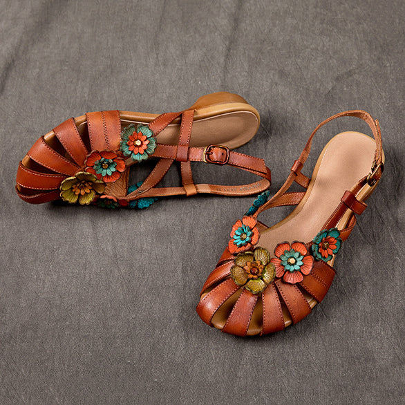 Flower Accents Ethnic Style Versatile Leather Sandals