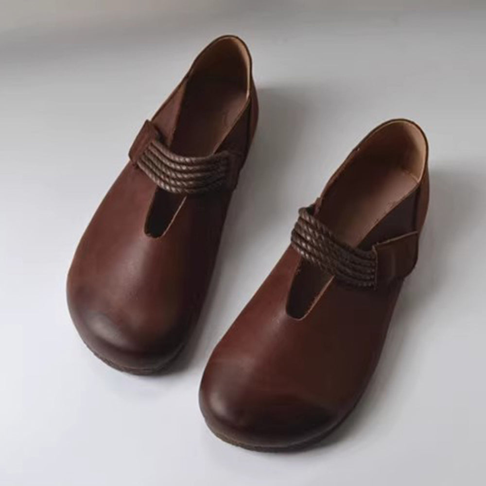Genuine Leather V-cut Velcro Flat Shoes