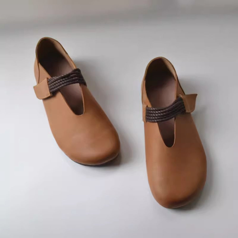 Genuine Leather V-cut Velcro Flat Shoes
