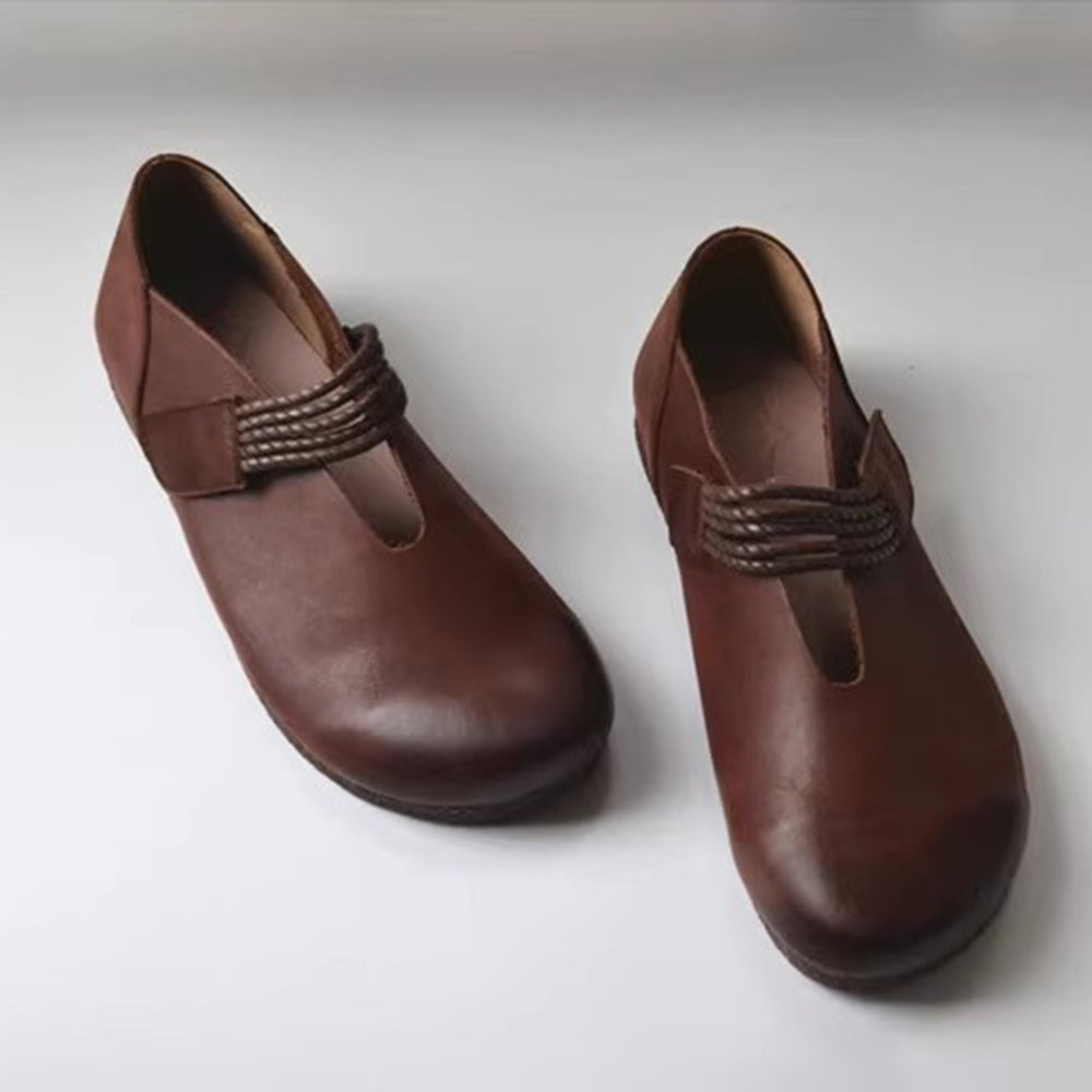 Genuine Leather V-cut Velcro Flat Shoes