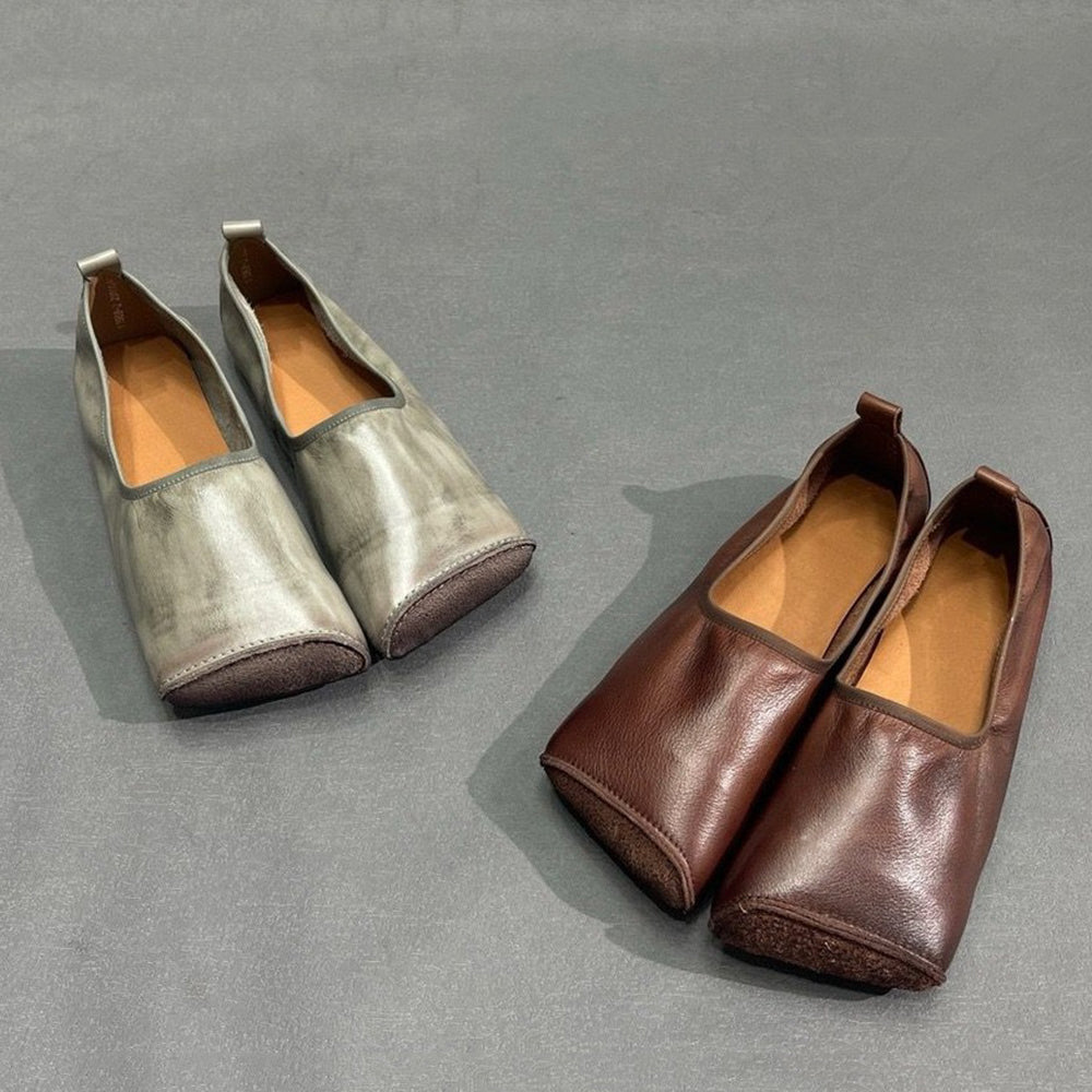 Handmade Square Toe Leather Flat Shoes