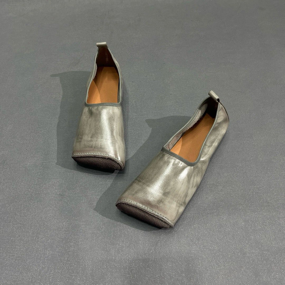 Handmade Square Toe Leather Flat Shoes