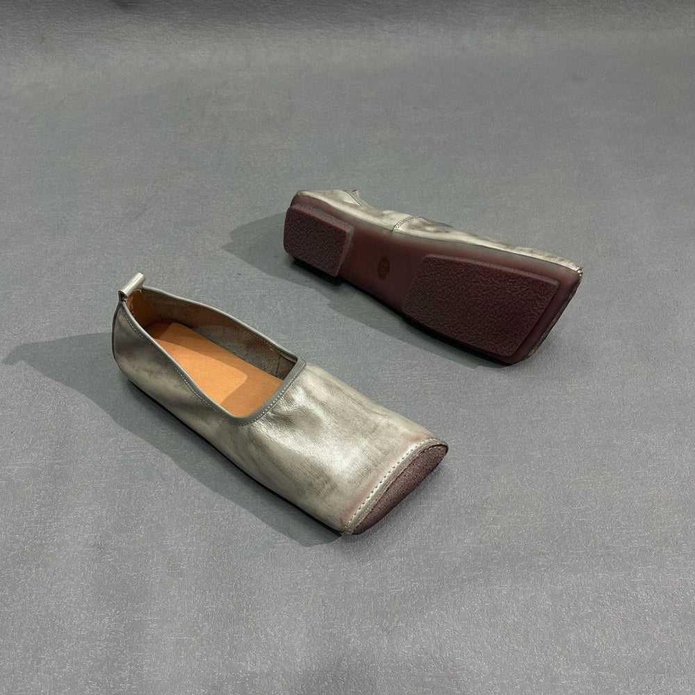 Handmade Square Toe Leather Flat Shoes