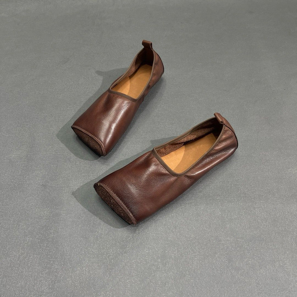 Handmade Square Toe Leather Flat Shoes