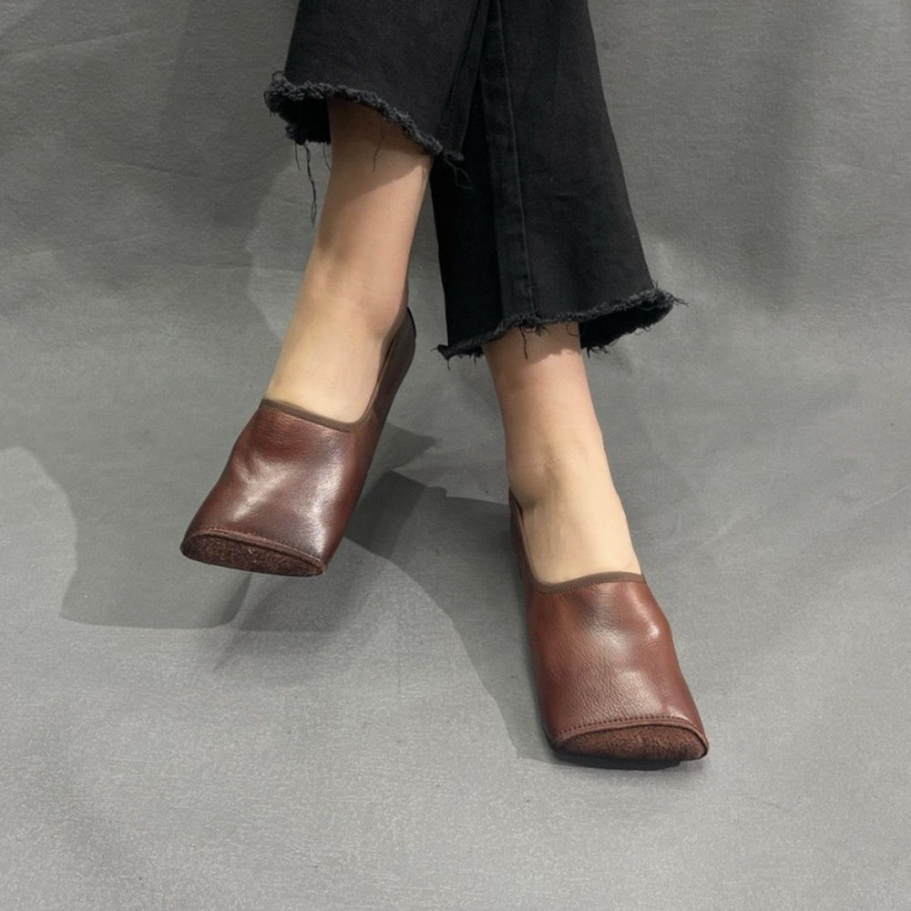 Handmade Square Toe Leather Flat Shoes