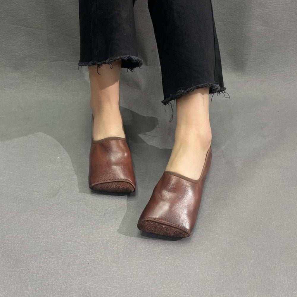 Handmade Square Toe Leather Flat Shoes