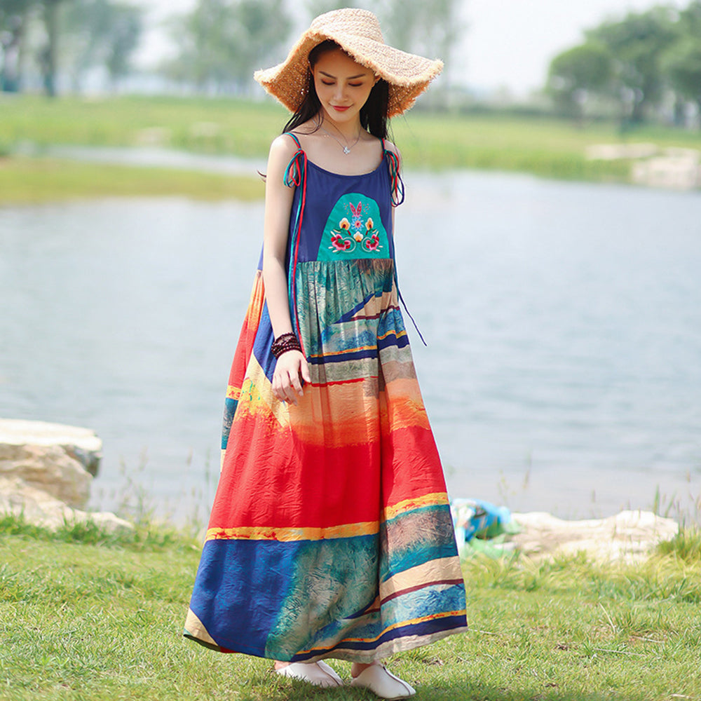 Holiday Colorful Printed Tie Strap Dress – Retrosia Holiday Colorful Printed Tie Strap Dress – Retrosia