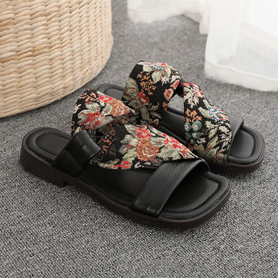 Linen Printed Fashion Open Toe Genuine Leather Slippers